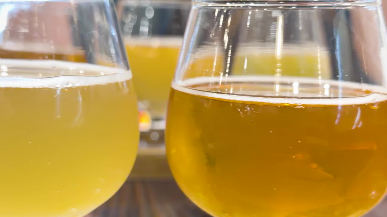 Primo piano in movimento di vari campioni di birra artigianale in bicchieri in un birrificio giapponese.