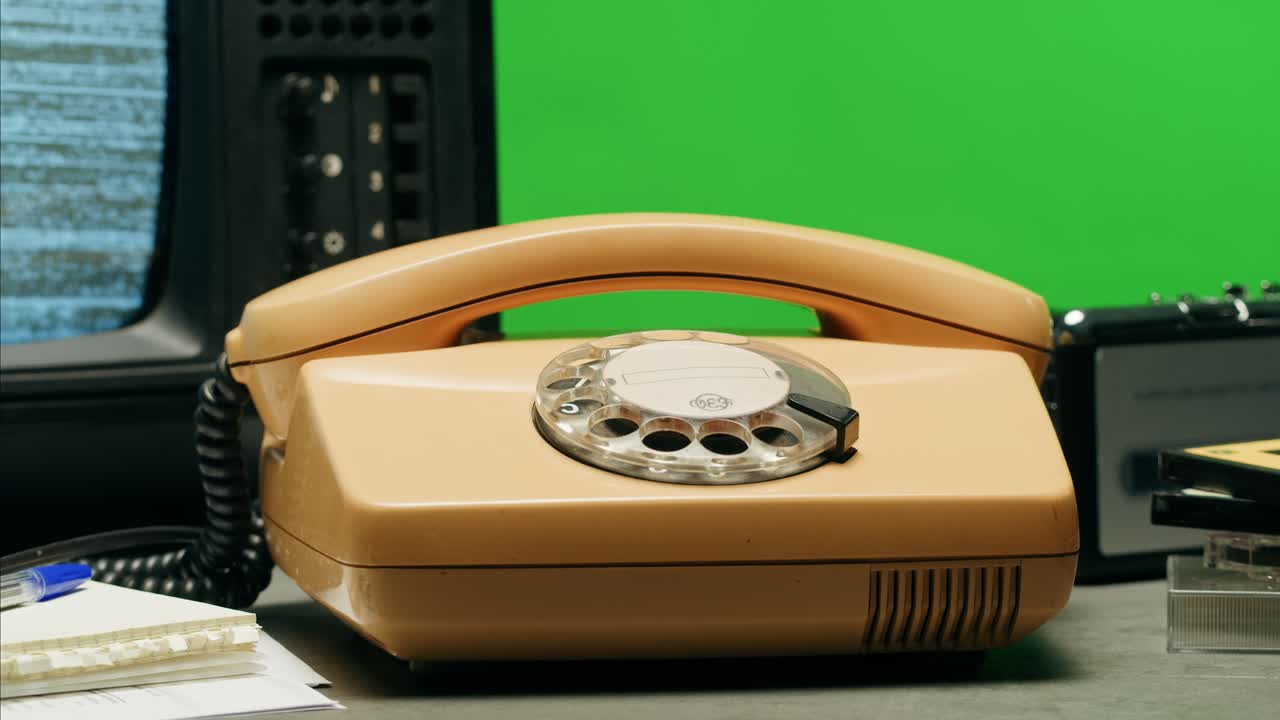 Retro vintage phone, A yellow rotary telephone is displayed on a wooden desk, adding a nostalgic touch