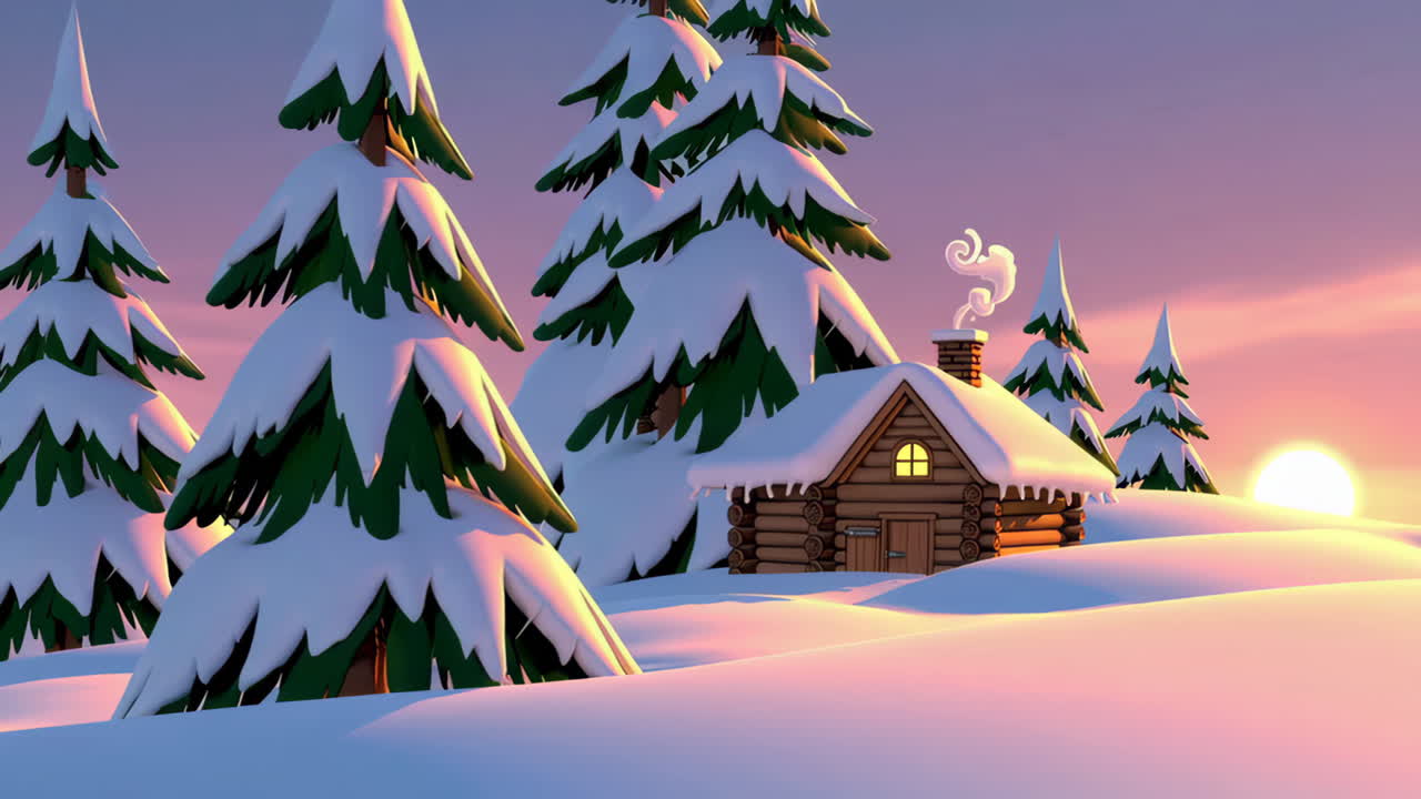 Snowy Winter Cabin at Sunrise