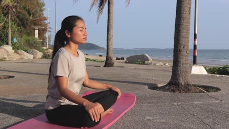 calm asian woman in casual sportswear practicing yoga by the shore, sitting in lotus position on a yoga mat