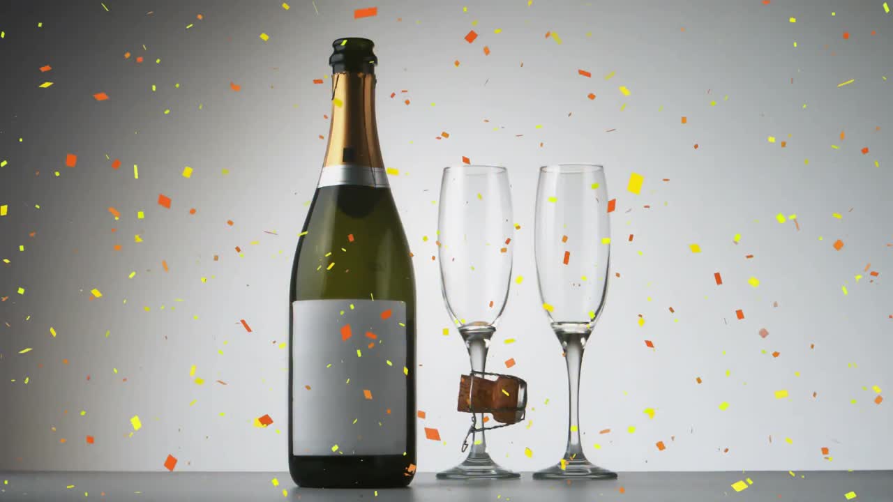 Konfetti falder over champagneflaske og to champagneglas mod grå baggrund
