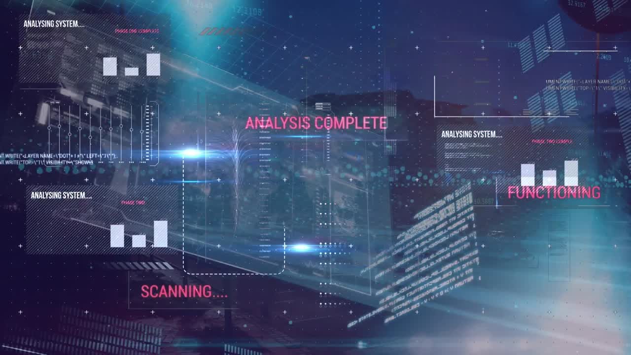 도시 풍경 위의 데이터 처리 애니메이션