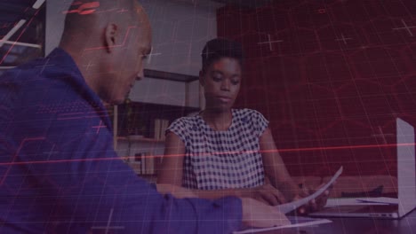 Animation of financial data processing over diverse business people in office