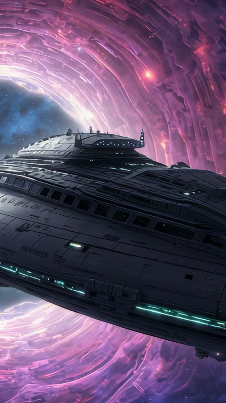 Vertical video: Detecting swirling purple vortex, large starship advancing toward wormhole in void