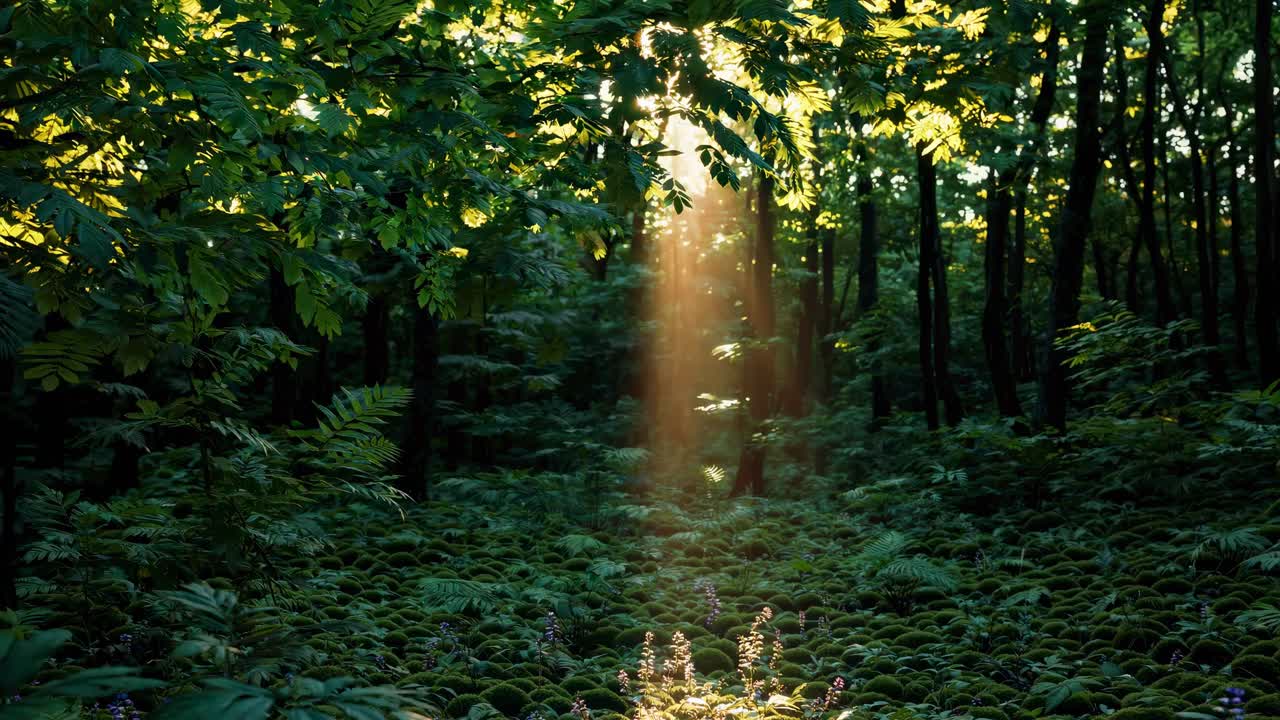 Serene forest floor with lush moss and sunlight beams, captured from a low angle
