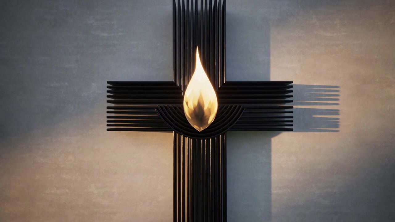 Flame brightening on black cross in chapel casting bands to right on plaster wall, showing texture