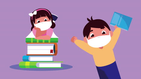 책 캐릭터와 함께 의료 마스크를 착용 한 작은 학생 아이들