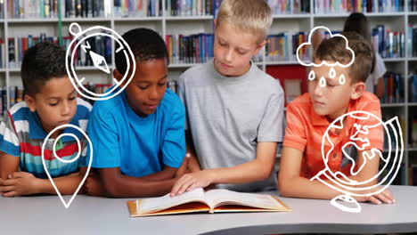 children reading book in library with geography and weather animation