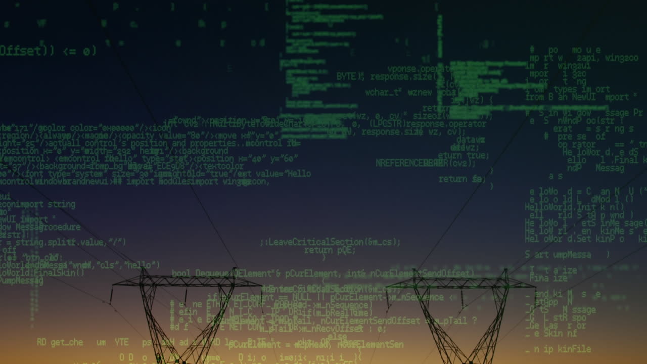 Animation of data processing over landscape with electricity pylons