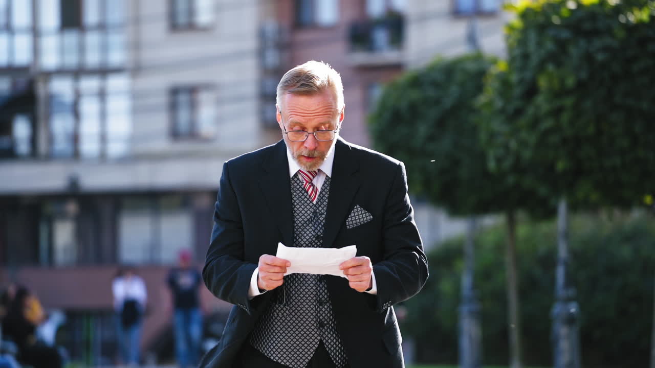 Close-up portrait of a senior man reading paper outdoors. Mature businessman with beard and glasses becomes happy after reading successful information. Slow motion.