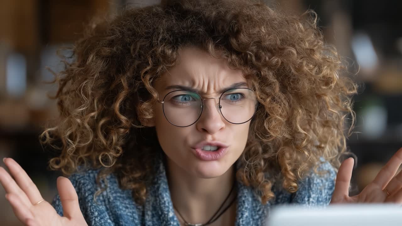A young woman expresses intense emotions while viewing something shocking on her laptop screen, showcasing a blend of surprise and frustration in a vibrant café environment