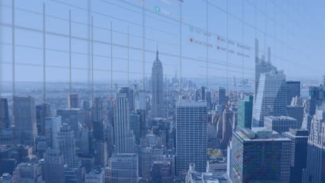 animation of statistical and stock market data processing against aerial view of cityscape