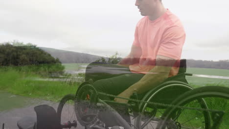 in wheelchair, man outdoors by serene lake with greenery in background