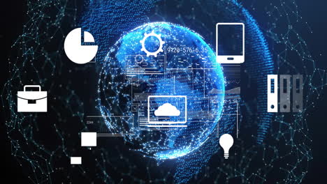 animation of data processing over media icons and globe