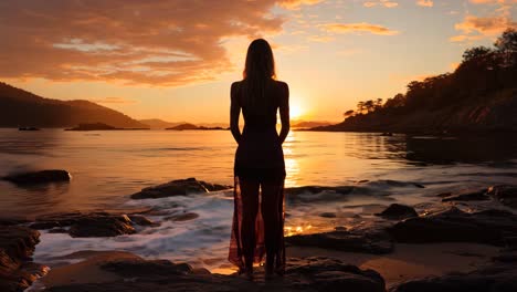 silhouette of a woman gazing at the sunset by the ocean