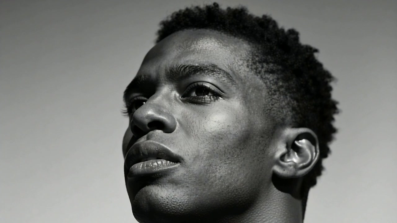 Framing widening male gazing upward tilting head slightly studio showing stud earring revealing jaw