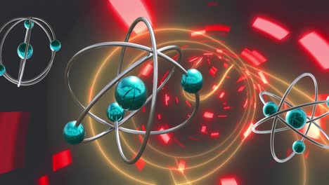 animation of micro of atom models over light trails on black background