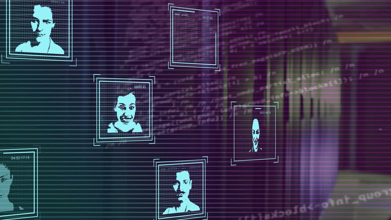 animación de fotos biométricas, placas de circuitos y procesamiento de datos a través de servidores informáticos