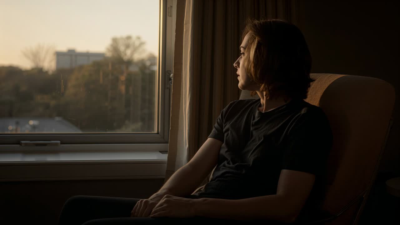 Uomo seduto in poltrona accanto a una grande finestra per un film, con la luce del sole che attira il suo sguardo, mentre gira la testa e osserva gli alberi.