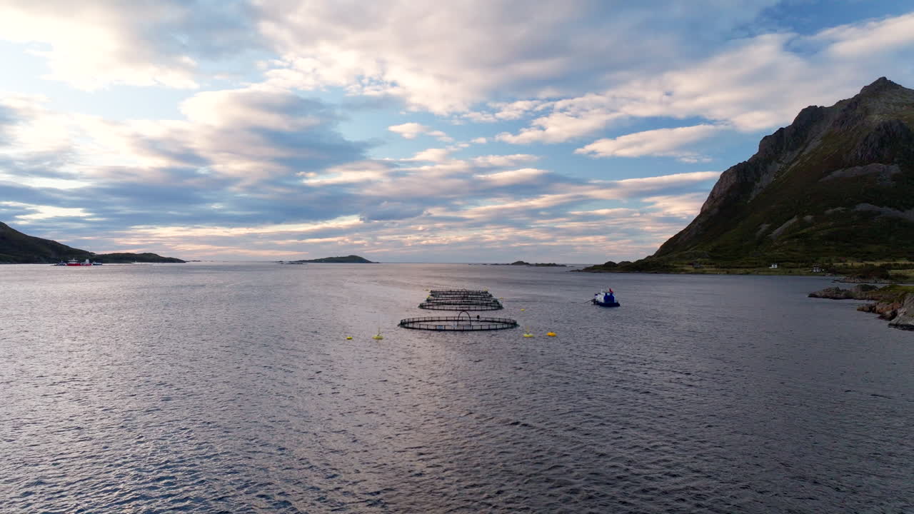 노르웨이 의 논쟁적 인 연어 양육 과 해양 기둥 의 풍경적 인 공중 사진