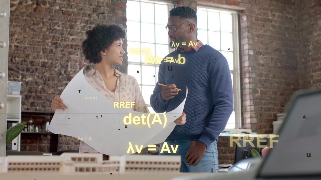 Woman shifting sheet and reviewing design, man pointing pen, animated math overlays growing denser