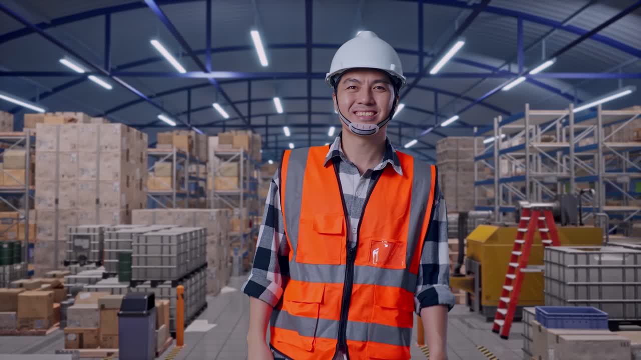 Vista frontale di un ingegnere uomo asiatico che saluta con la mano mentre cammina e ispeziona in un ampio magazzino con file di scaffalature.