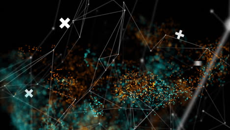 animation of network of connections over white shapes and light spots on black background