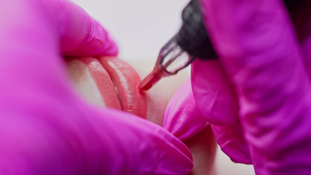 Process of applying permanent makeup on lips. Tattooist in sterile gloves doing cosmetic procedure on female's lips in a beauty salon. Close-up.