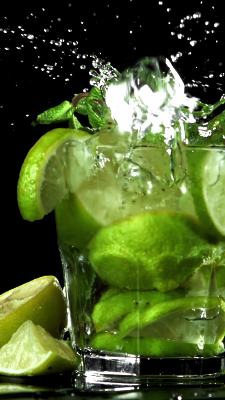Kostki lodu w zwolnionym tempie wpadające do orzeźwiającego koktajlu Mojito