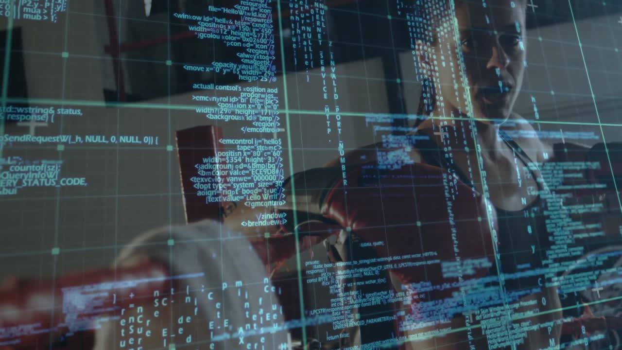 woman punching red heavy bag in gym, with floating code snippets, grids showing health technology