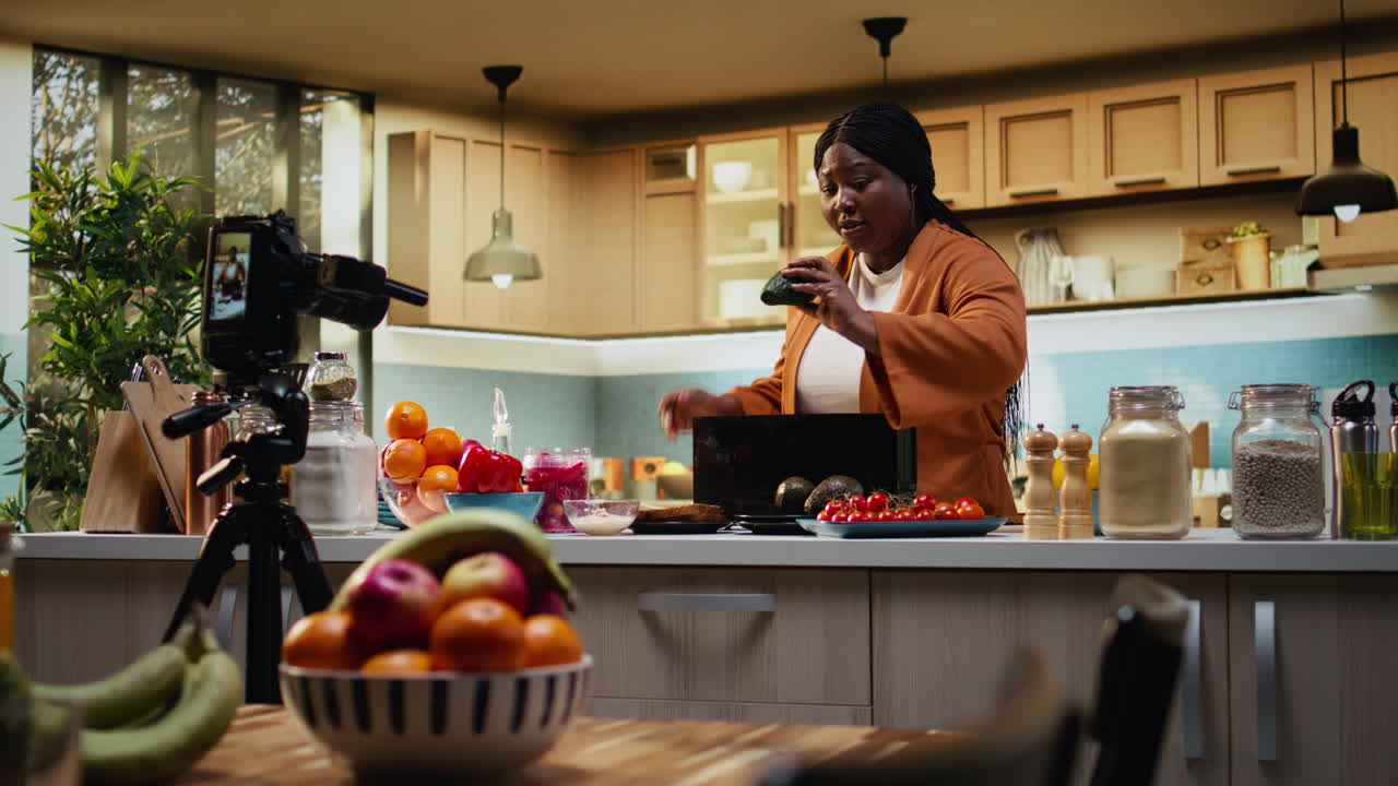 African American woman, gourmet dish, food vlog, avocado and toast