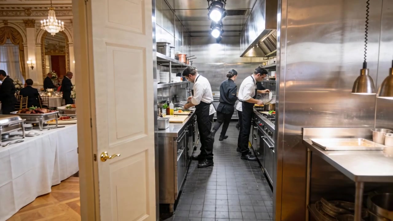 Chefs con camisas blancas dando los últimos toques a los platos y emplatando en la cocina, enviando a los camareros al banquete para los invitados.