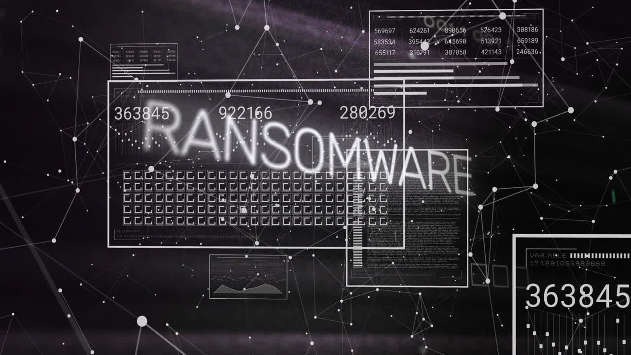 Animation of ransomware text over changing numbers, loading bars and connected dots