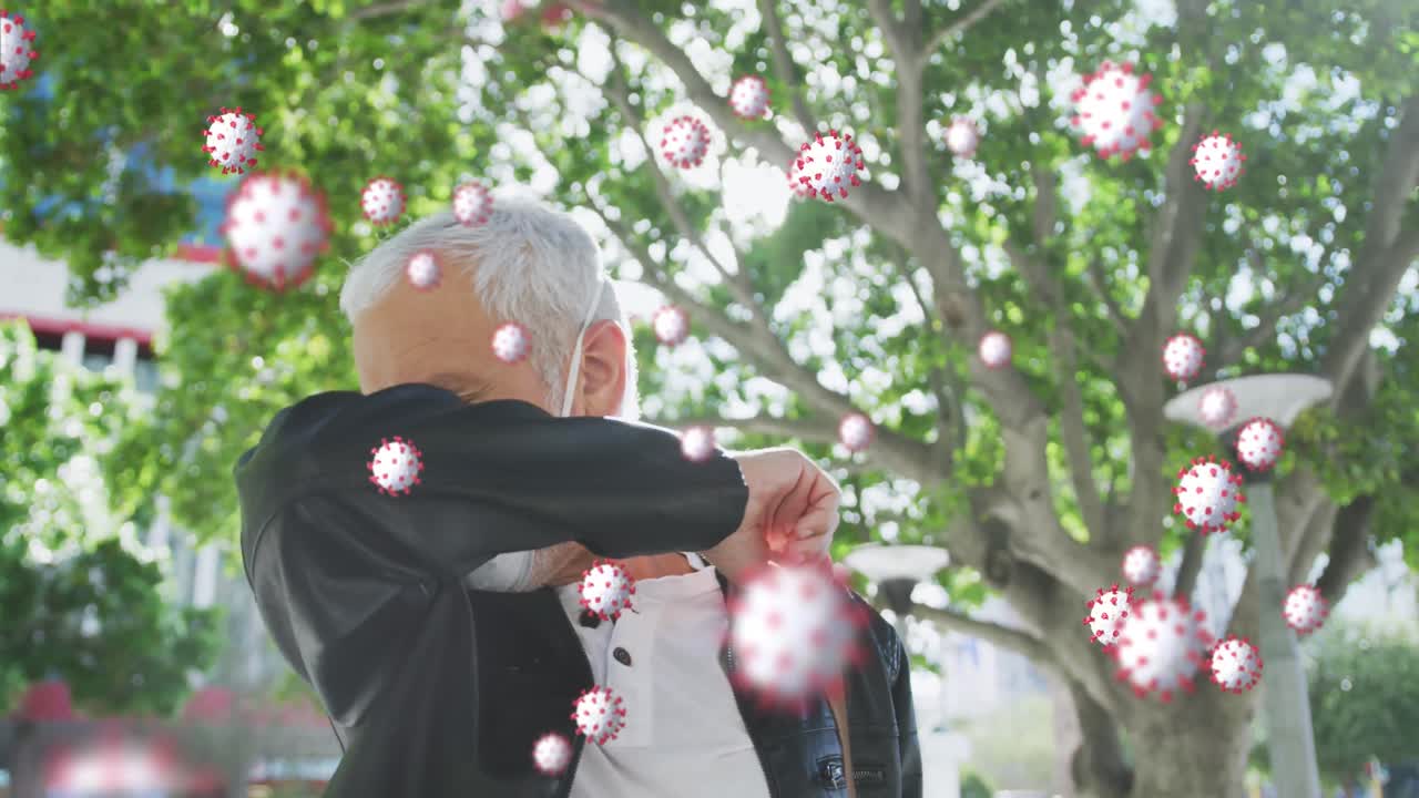 코로나19 세포의 애니메이션 시니어 남자가 마스크를 쓰고 있습니다.