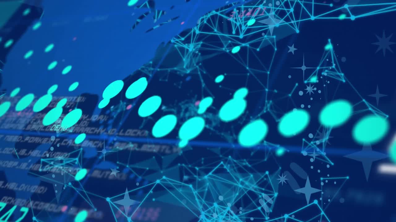 파란색 세계 지도에 있는 커뮤니케이션 네트워크를 통해 그래프와 데이터 처리의 애니메이션