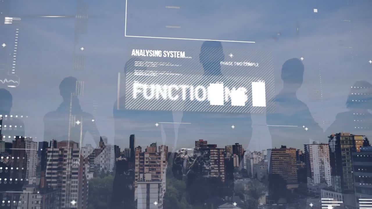 Animation of interface with data processing over silhouettes of businesspeople against cityscape