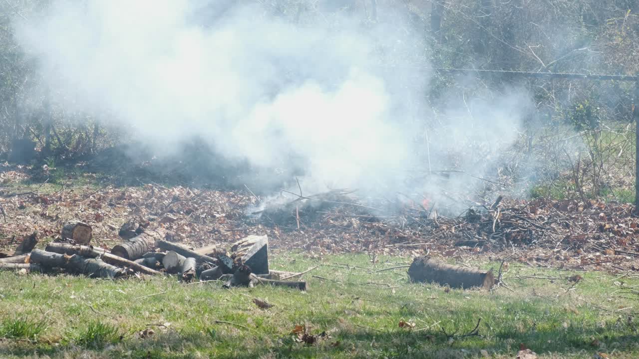 una hoguera en el patio trasero crea una gran nube de humo