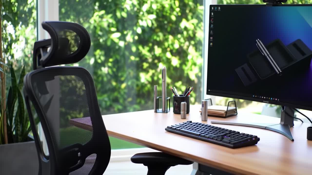 A Sleek Modern Workspace Featuring an Ergonomic Chair, High-Resolution Monitor, and Stylish Desk Accessories, Perfectly Set Against a Lush Natural Backdrop