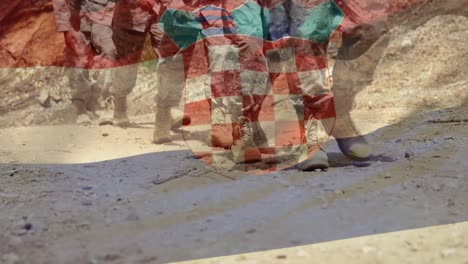 Animation-of-flag-of-croatia-over-diverse-male-soldiers-walking