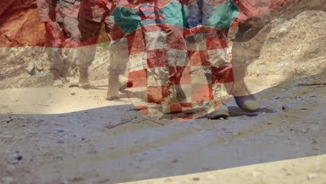 animación de la bandera de croacia sobre varios soldados varones caminando
