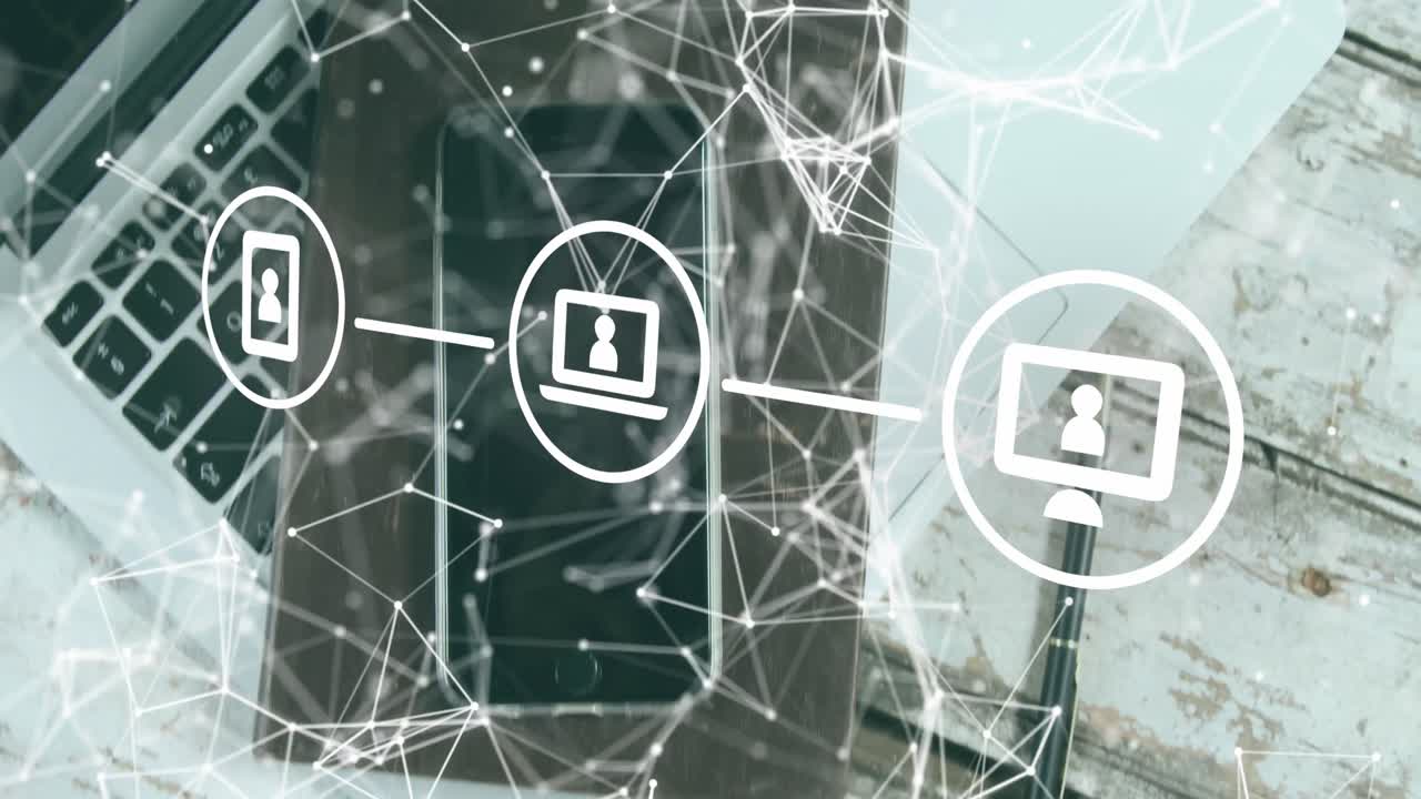 Animation of network of connections and digital icons against office equipment on wooden table