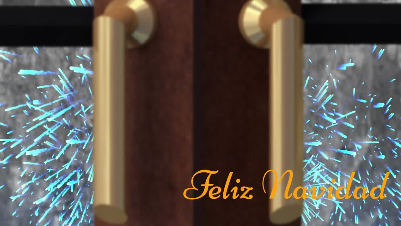 창문에서 폭발하는 불꽃놀이의 전망에 대비하여 행복한 크리스마스 텍스트와 크리스마스 트리의 애니메이션