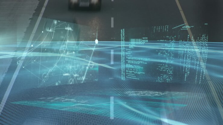 Animation of data processing on screens over road traffic in fast motion