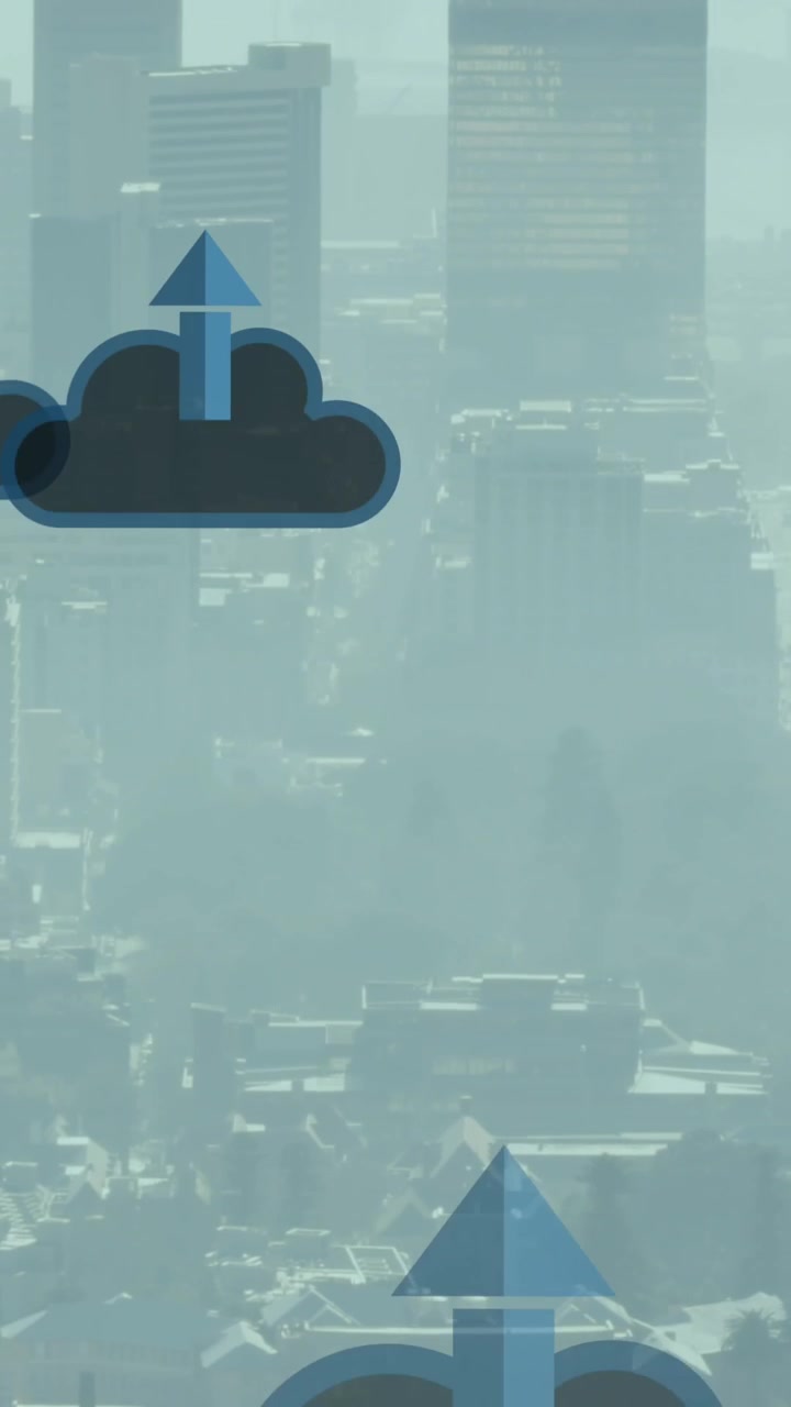 Animation of clouds with arrows and data processing over cityscape
