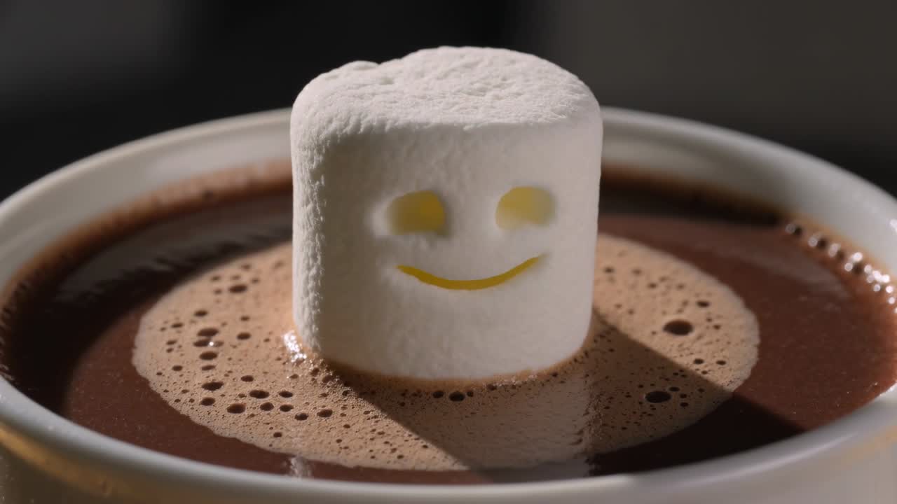 Appoggiando un marshmallow sulla tazza sul tavolo, che si ammorbidisce con il calore e affonda nella cioccolata calda, un viso sorridente
