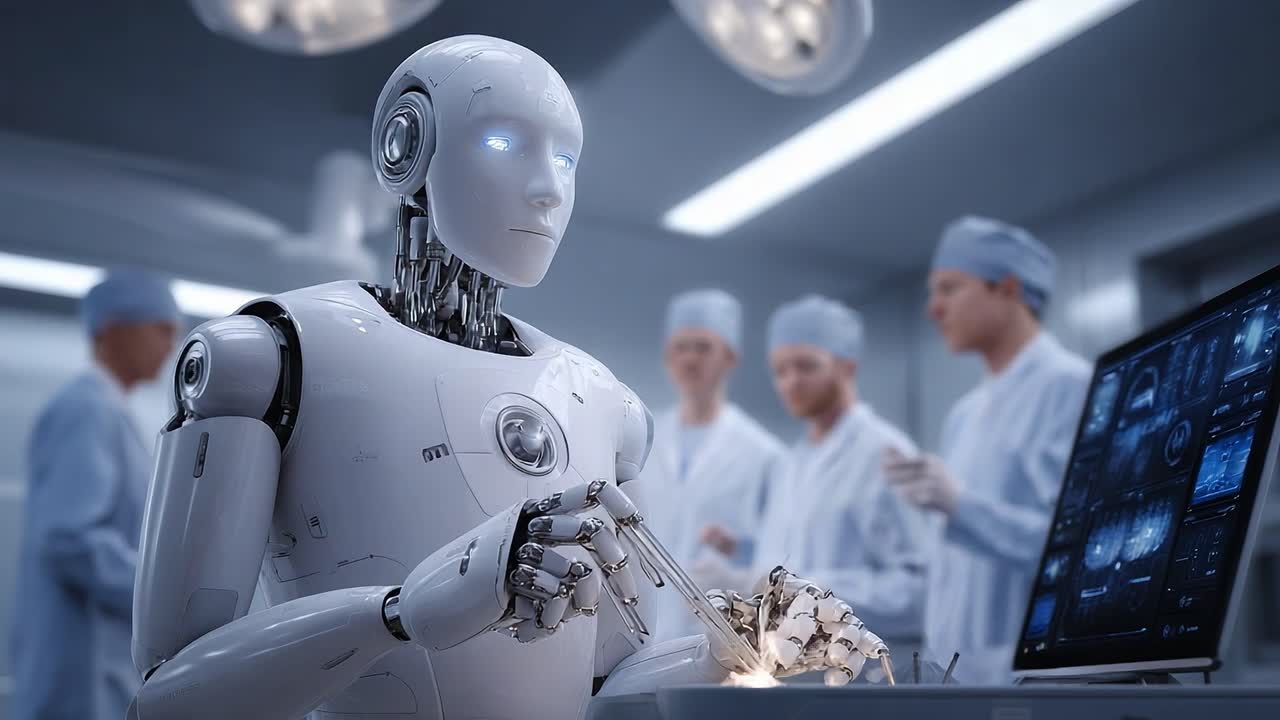 Advanced Surgical Robotics: A High-Tech Operation Room Featuring a Cutting-Edge Robot Performing Precision Tasks Amidst Medical Staff in a Sterile Environment