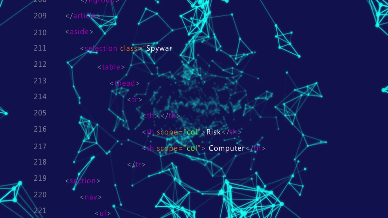Neon blue network connections and coding text animation over dark background