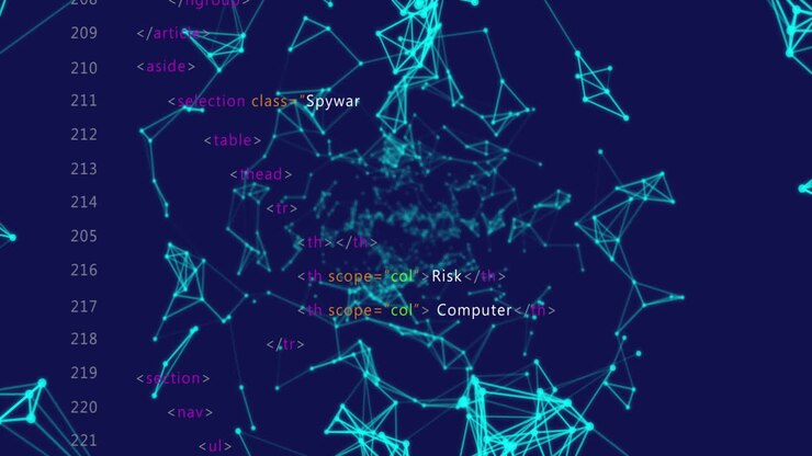 Neon blue network connections and coding text animation over dark background