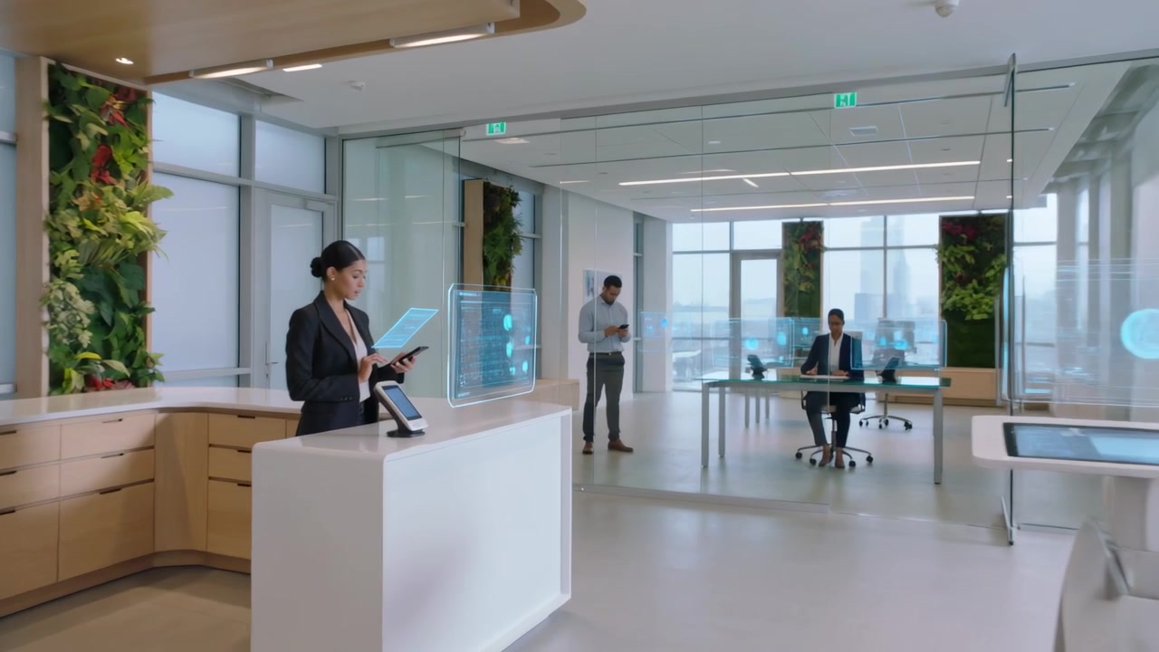 Placing hands blouse staff using kiosk at reception, holo guiding courier scanning box, copy space
