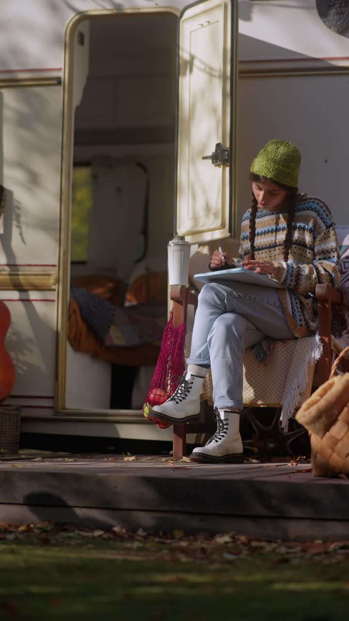 Donna che disegna in un camper in autunno